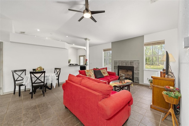 12320 SW 62nd Pl, Ocala, FL 34481 - living area featuring recessed lighting, a tile fireplace, ceiling fan, and tile patterned floors