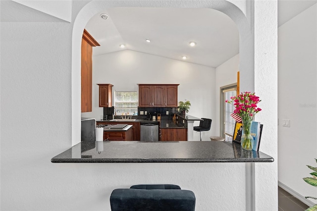 12320 SW 62nd Pl, Ocala, FL 34481 - kitchen featuring a peninsula, arched walkways, appliances with stainless steel finishes, lofted ceiling, and recessed lighting