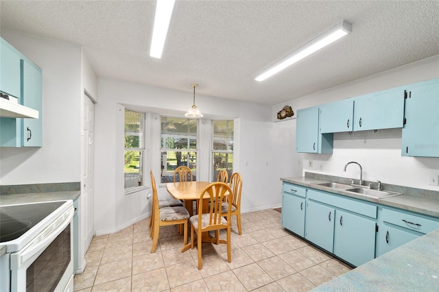 475 NE 155th Pl, Citra, FL 32113 - kitchen featuring blue cabinets, a textured ceiling, white electric range, decorative light fixtures, and light tile patterned floors