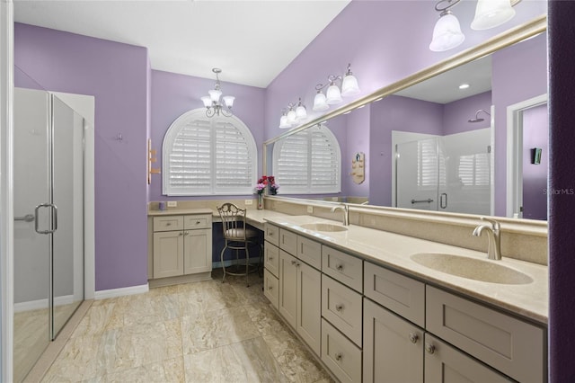 15549 SW 11th Terrace Rd, Ocala, FL 34473 - full bath featuring a shower stall, double vanity, and marble finish flooring