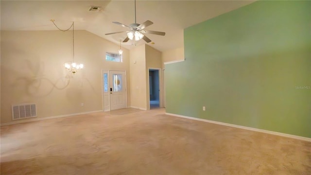 949 Woodsong Way, Clermont, FL 34714 - unfurnished room featuring ceiling fan, high vaulted ceiling, light carpet, and a chandelier