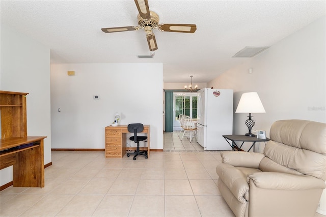 8247 SW 105th Pl, Ocala, FL 34481 - living area with a chandelier, an office area, ceiling fan, a textured ceiling, and light tile patterned floors