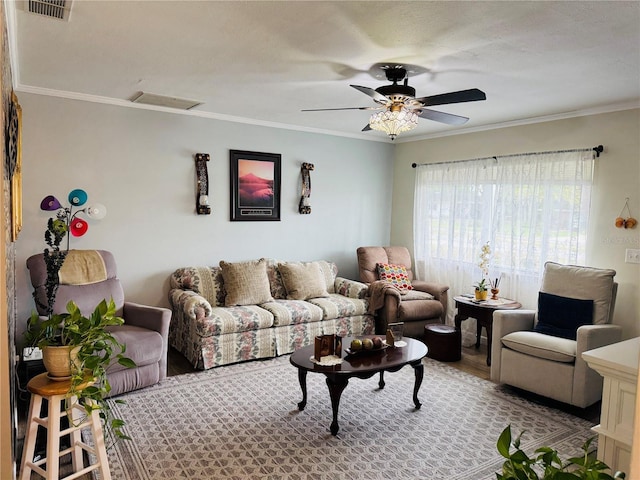 8547 SW 106th Pl, Ocala, FL 34481 - living area with a ceiling fan, crown molding, and wood finished floors