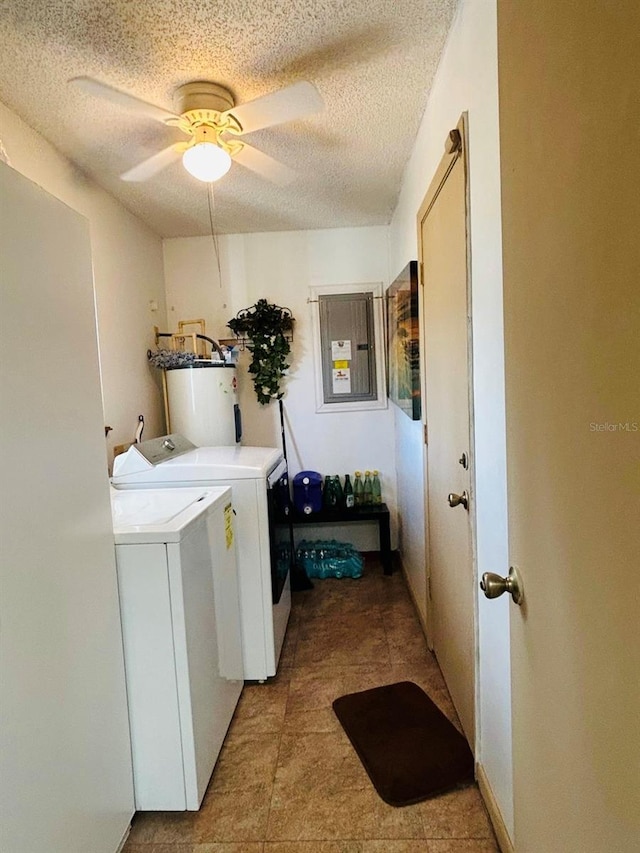 8547 SW 106th Pl, Ocala, FL 34481 - washroom with electric panel, washer and clothes dryer, water heater, a textured ceiling, and a ceiling fan