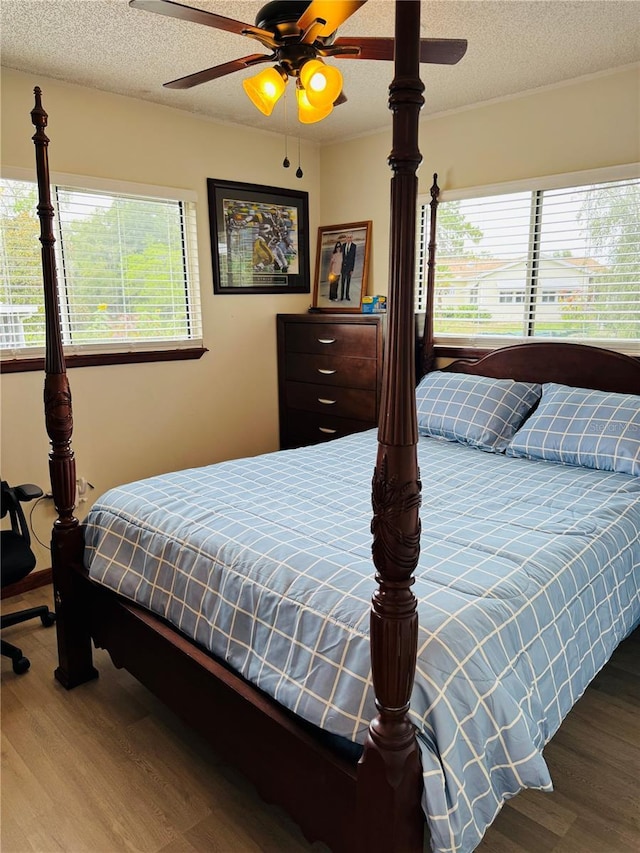 8547 SW 106th Pl, Ocala, FL 34481 - bedroom with wood finished floors, multiple windows, a textured ceiling, and a ceiling fan