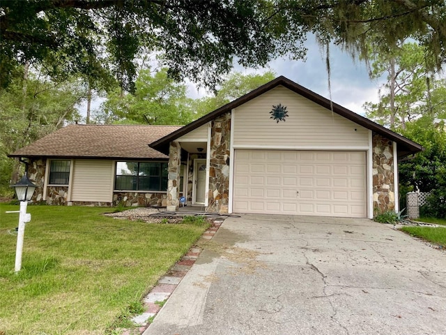 1112 NE 130th Ter, Silver Springs, FL 34488 - mid-century home featuring stone siding, an attached garage, a front yard, concrete driveway, and a shingled roof
