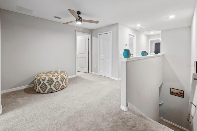 14347 Easy Goer St, Ruskin, FL 33573 - corridor featuring an upstairs landing, carpet flooring, attic access, and recessed lighting