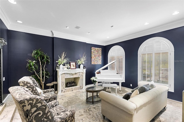 200 Asphodel Dr, Dothan, AL 36303 - living room with ornamental molding, recessed lighting, a fireplace, and marble tiled flooring