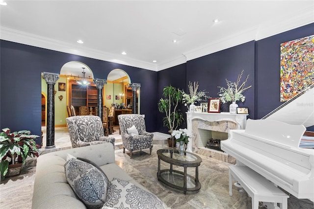 200 Asphodel Dr, Dothan, AL 36303 - living area with arched walkways, decorative columns, ornamental molding, recessed lighting, and marble tiled flooring