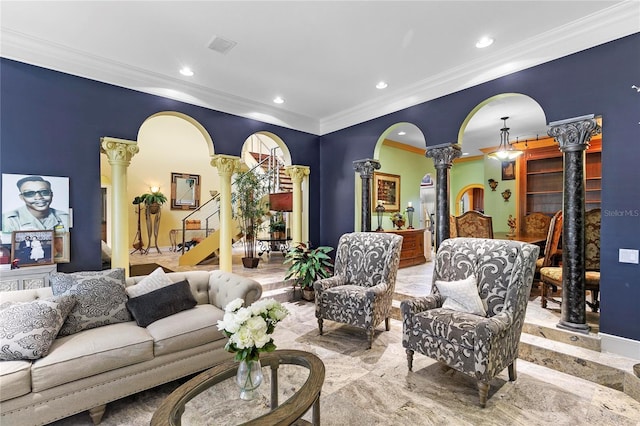 200 Asphodel Dr, Dothan, AL 36303 - living area featuring decorative columns, ornamental molding, recessed lighting, arched walkways, and light marble finish floors