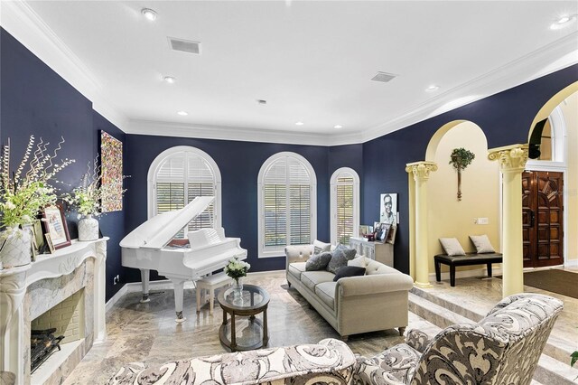 200 Asphodel Dr, Dothan, AL 36303 - living room with ornate columns, marble tiled flooring, recessed lighting, ornamental molding, and arched walkways