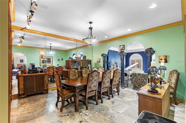 200 Asphodel Dr, Dothan, AL 36303 - dining room featuring arched walkways, crown molding, recessed lighting, ornate columns, and track lighting