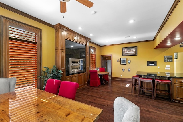 200 Asphodel Dr, Dothan, AL 36303 - dining area featuring crown molding, dark wood-style floors, ceiling fan, and recessed lighting