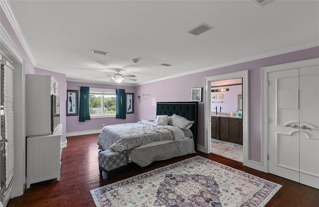 200 Asphodel Dr, Dothan, AL 36303 - bedroom featuring ornamental molding, dark wood-style flooring, ceiling fan, and ensuite bathroom