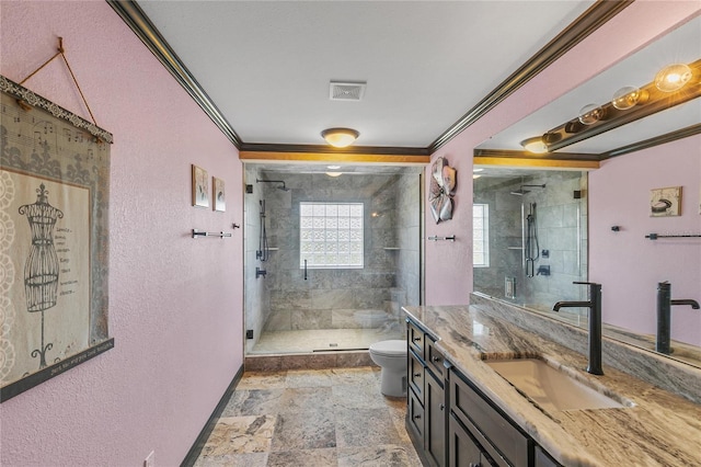 200 Asphodel Dr, Dothan, AL 36303 - bathroom with crown molding, a stall shower, vanity, a textured wall, and stone finish flooring