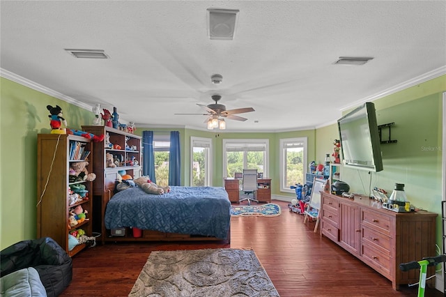 200 Asphodel Dr, Dothan, AL 36303 - bedroom with ornamental molding, dark wood-style floors, a textured ceiling, and a ceiling fan