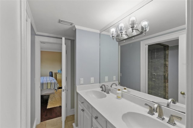 200 Asphodel Dr, Dothan, AL 36303 - ensuite bathroom featuring double vanity, a chandelier, tile patterned flooring, tiled shower, and ornamental molding