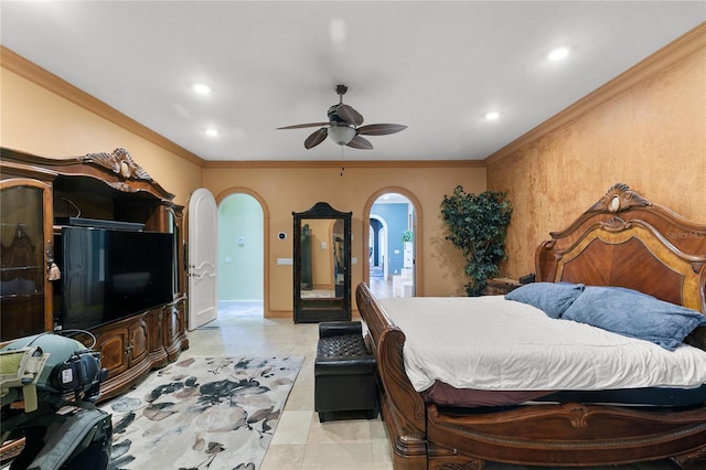 200 Asphodel Dr, Dothan, AL 36303 - bedroom featuring arched walkways, recessed lighting, light tile patterned floors, crown molding, and ceiling fan