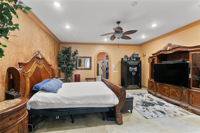 200 Asphodel Dr, Dothan, AL 36303 - bedroom with arched walkways, ornamental molding, recessed lighting, and ceiling fan