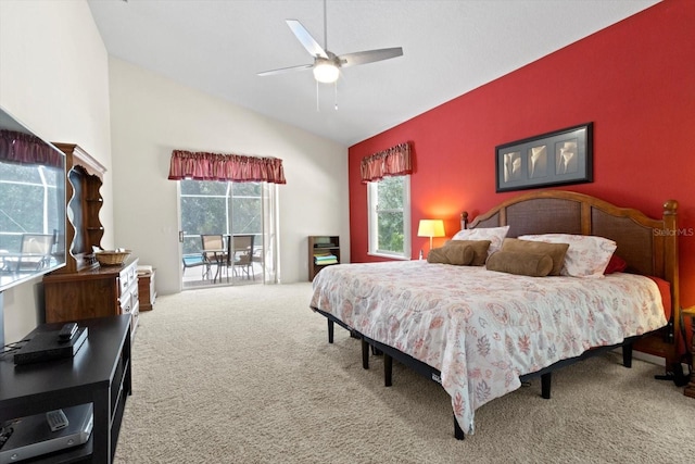 4322 N Mayan Dr, Hernando, FL 34442 - bedroom with access to outside, carpet floors, lofted ceiling, and ceiling fan