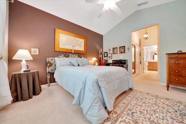 814 Copperhead Cir, Saint Augustine, FL 32092 - carpeted bedroom featuring connected bathroom, ceiling fan, and high vaulted ceiling