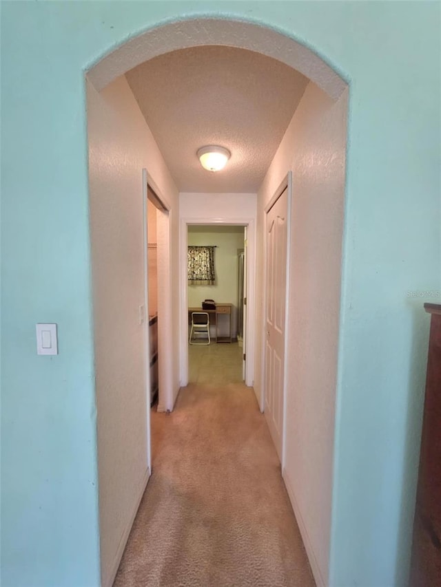 15483 Penn State Rd, Weeki Wachee, FL 34614 - hallway with arched walkways, a textured ceiling, and light carpet
