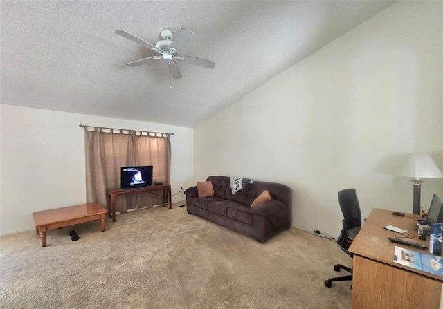 15483 Penn State Rd, Weeki Wachee, FL 34614 - office area with lofted ceiling, carpet, a ceiling fan, and a textured ceiling
