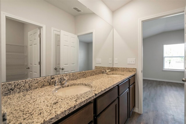 6865 SW 153 Place Rd, Ocala, FL 34473 - full bath featuring double vanity, wood finished floors, and lofted ceiling
