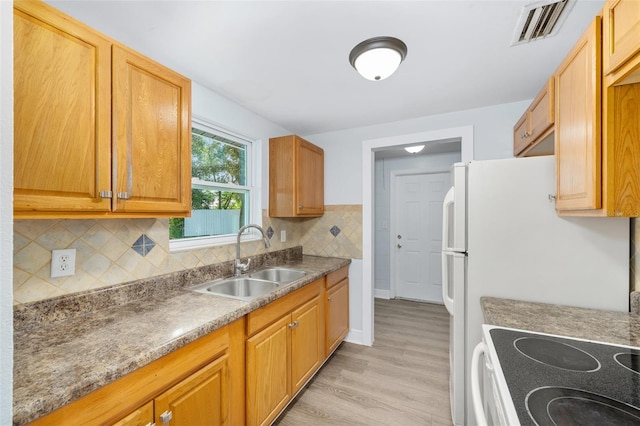 14761 SW 35th Terrace Rd, Ocala, FL 34473 - kitchen featuring light wood-style floors, decorative backsplash, and range with electric cooktop