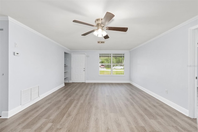 14761 SW 35th Terrace Rd, Ocala, FL 34473 - empty room with light wood-style flooring, ceiling fan, crown molding, and built in shelves