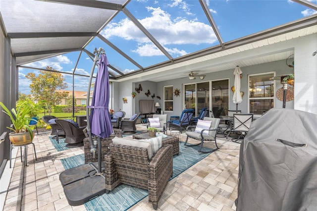 4340 NW 56th Ct, Ocala, FL 34482 - view of patio featuring an outdoor living space, glass enclosure, a ceiling fan, and outdoor dining space