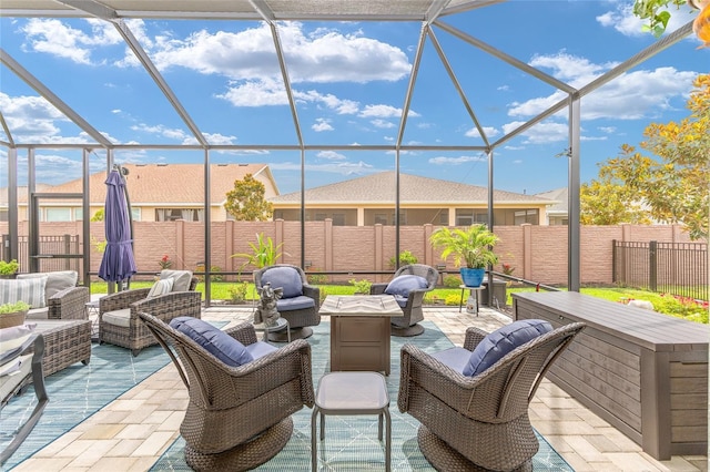4340 NW 56th Ct, Ocala, FL 34482 - fenced backyard with an outdoor living space, a patio, and glass enclosure