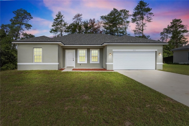 15212 SW 27th Ct, Ocala, FL 34473 - ranch-style house with a garage, driveway, stucco siding, a front lawn, and roof with shingles