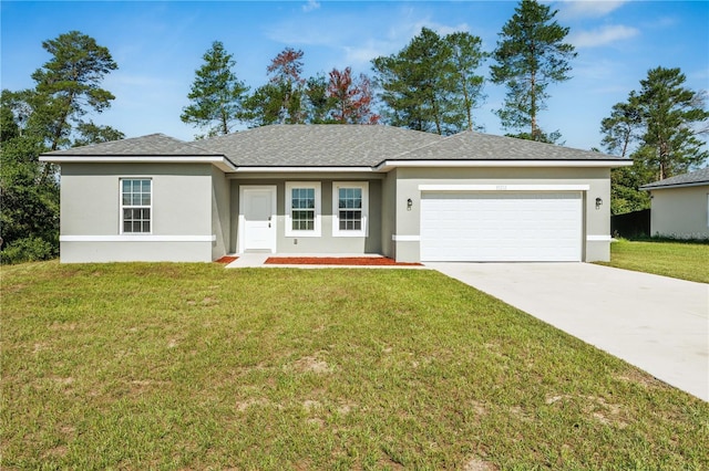 15212 SW 27th Ct, Ocala, FL 34473 - ranch-style home with an attached garage, concrete driveway, stucco siding, a front yard, and roof with shingles