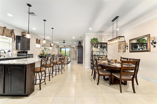 9634 SW 67th St, Ocala, FL 34481 - dining room with crown molding, recessed lighting, a ceiling fan, and light tile patterned floors