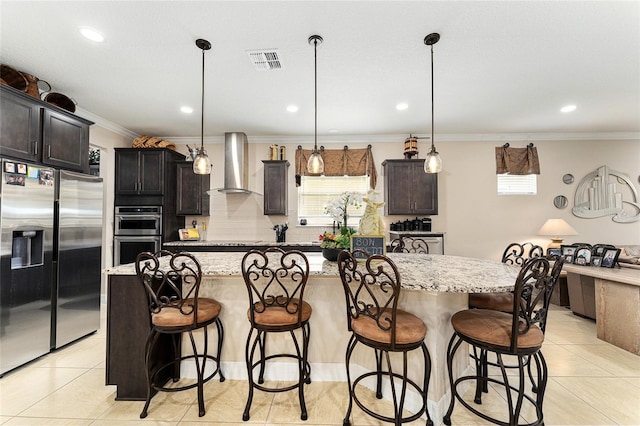 9634 SW 67th St, Ocala, FL 34481 - kitchen featuring wall chimney exhaust hood, appliances with stainless steel finishes, ornamental molding, healthy amount of natural light, and backsplash