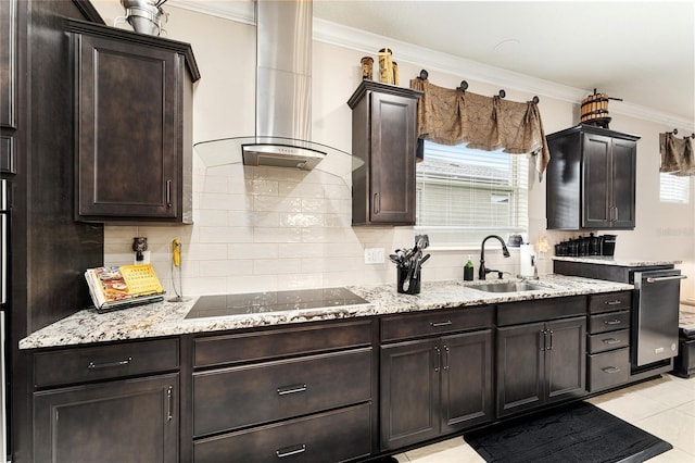 9634 SW 67th St, Ocala, FL 34481 - kitchen featuring exhaust hood, black electric cooktop, ornamental molding, backsplash, and dark brown cabinets