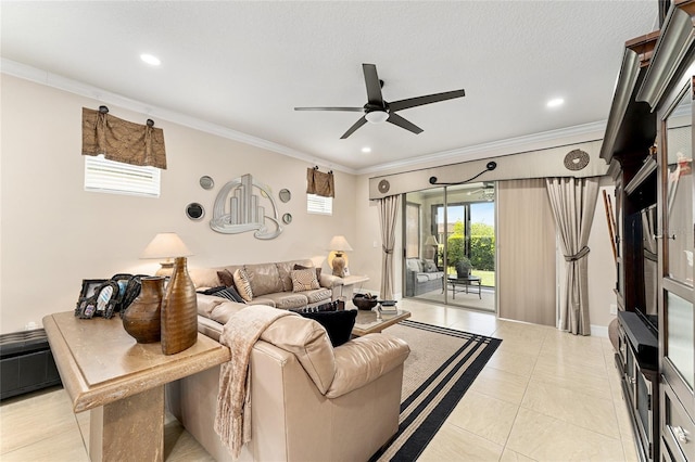 9634 SW 67th St, Ocala, FL 34481 - living room featuring ceiling fan, crown molding, recessed lighting, and light tile patterned flooring