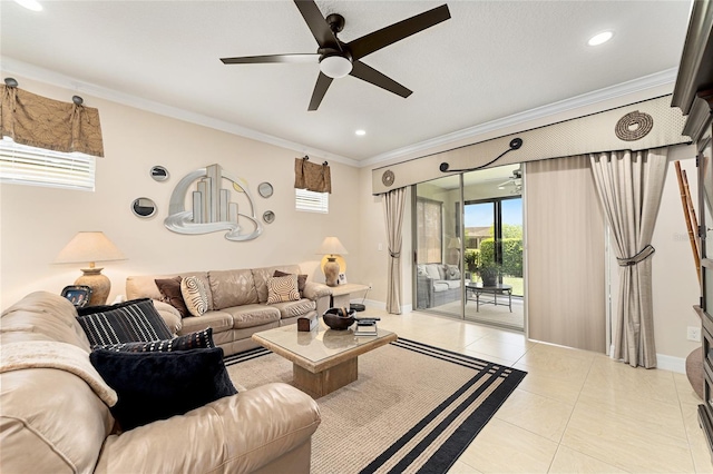 9634 SW 67th St, Ocala, FL 34481 - living area with a ceiling fan, crown molding, light tile patterned flooring, and recessed lighting