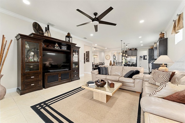 9634 SW 67th St, Ocala, FL 34481 - living area featuring a ceiling fan, crown molding, recessed lighting, and light tile patterned flooring