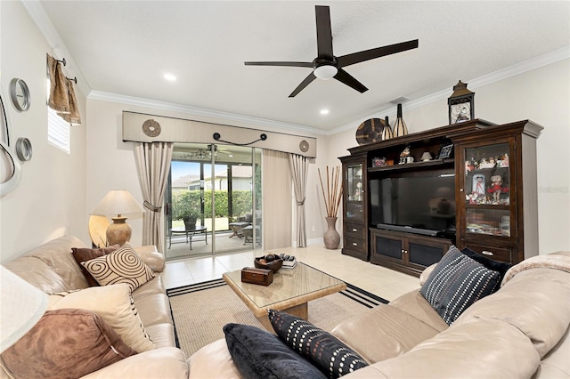 9634 SW 67th St, Ocala, FL 34481 - tiled living room featuring ceiling fan and ornamental molding