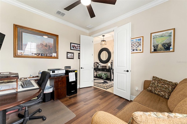 9634 SW 67th St, Ocala, FL 34481 - office area featuring ceiling fan, dark wood-style flooring, and ornamental molding