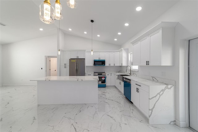 13741 SW 81st Cir, Ocala, FL 34473 - kitchen with stainless steel appliances, recessed lighting, light marble finish floors, a kitchen island, and white cabinets