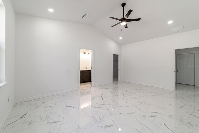 13741 SW 81st Cir, Ocala, FL 34473 - empty room featuring a ceiling fan, light marble finish floors, recessed lighting, and high vaulted ceiling