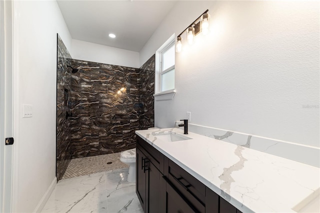 13741 SW 81st Cir, Ocala, FL 34473 - full bathroom with walk in shower, marble tiled floors, vanity, and recessed lighting