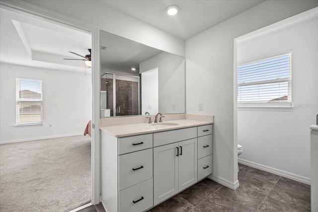 7695 SW 64th Street Rd, Ocala, FL 34474 - bathroom featuring vanity, ceiling fan, and a shower stall