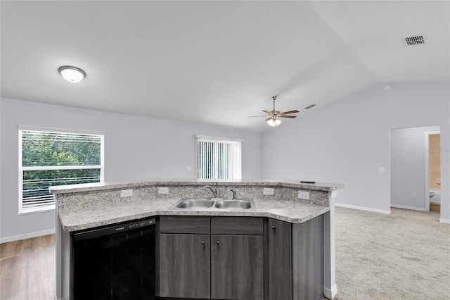 4501 SW 159th Street Rd, Ocala, FL 34473 - kitchen featuring dishwasher, light countertops, lofted ceiling, a ceiling fan, and an island with sink