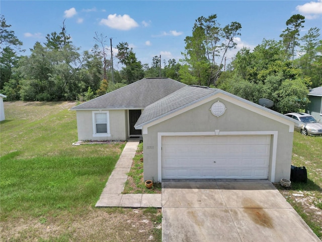 15711 SW 52nd Avenue Rd, Ocala, FL 34473 - ranch-style house featuring driveway, a shingled roof, a front yard, stucco siding, and an attached garage