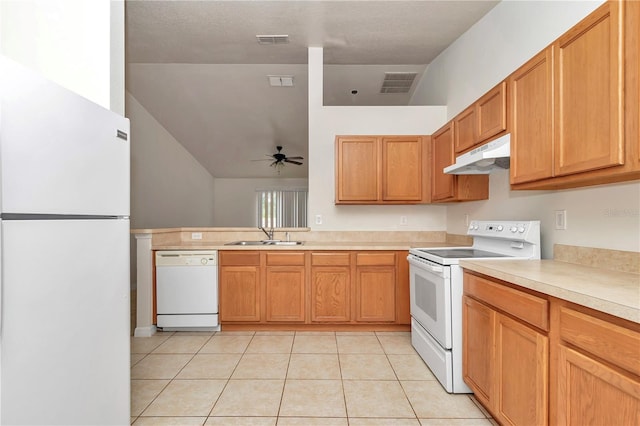 15711 SW 52nd Avenue Rd, Ocala, FL 34473 - kitchen featuring white appliances, under cabinet range hood, ceiling fan, light countertops, and light tile patterned floors