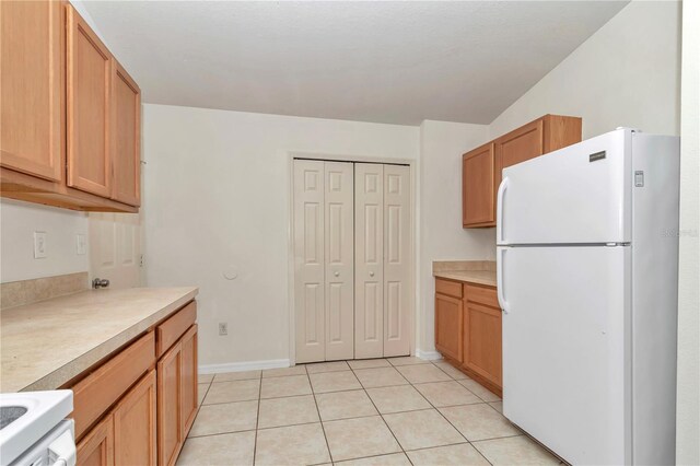 15711 SW 52nd Avenue Rd, Ocala, FL 34473 - kitchen with freestanding refrigerator, light tile patterned floors, light countertops, and lofted ceiling